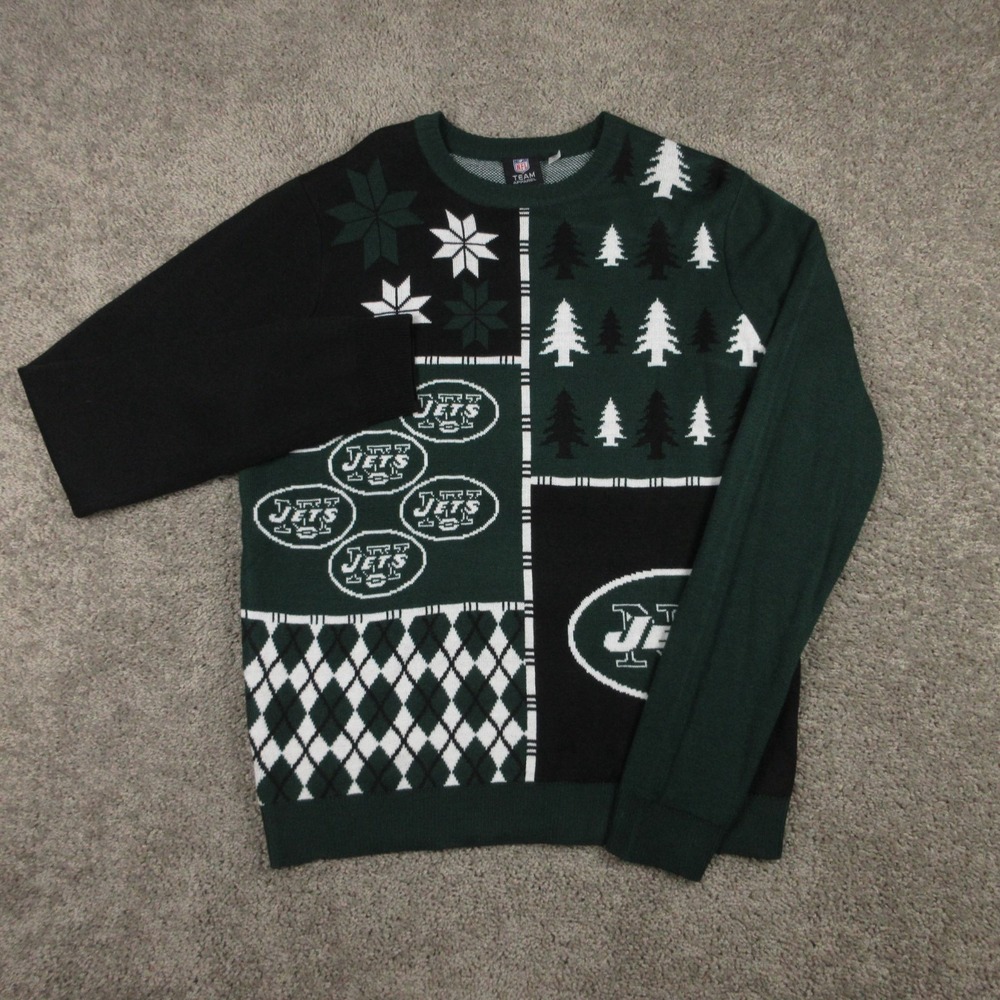 New York Jets Sweater Mens XL Green Black Christmas Holiday Football NFL Knit